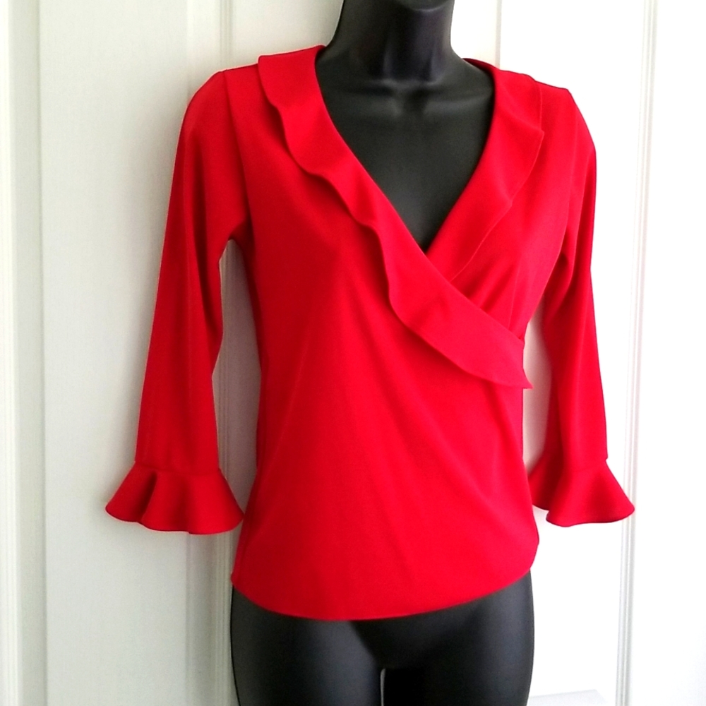 Cross body ruffled S Flared 3/4 Sleeve Red Top Blouse Shirt